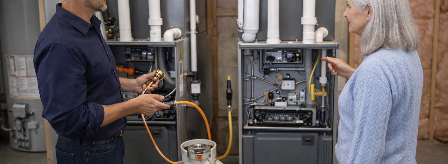 A technician and a homeowner stand beside two open basement furnaces