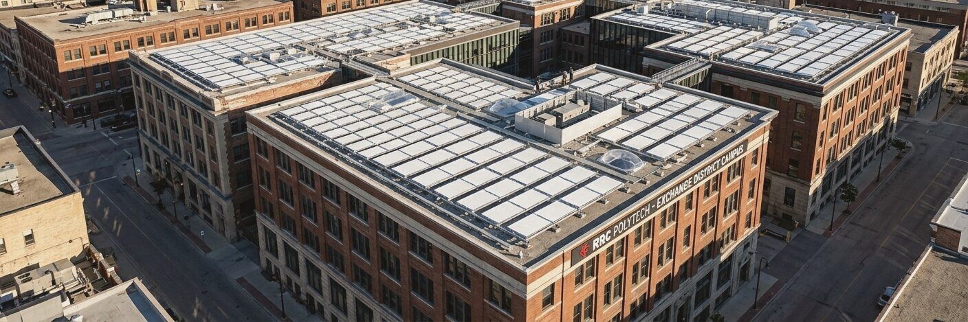 Illustration: passive daytime radiative cooling film covering the roofs of a downtown Winnipeg campus block, river and skyline beyond.